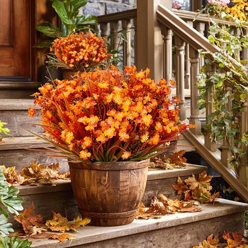 AXYLEX Artificial Fall Flowers Outdoor Fake Mums - 16 Bundles Fake Plants UV Resistant No Fade Faux Plastic Greenery Garden Porch Patio Fall Home Decor (1, OrangeGreen) - color: Orangegreen