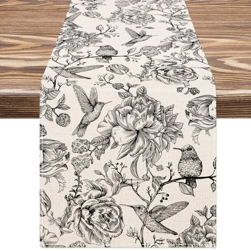 JarThenaAMCS Black Floral Birds Table Runner Vintage Flower Kitchen Dining Table Decoration Table Cover for Indoor Outdoor Home Party Supplies, 13 x 72 Inch