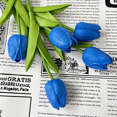 UKELER 24 Pcs Artificial Tulip Flowers Blue Fake Tulips with Stems Real Touch PU Tulips for Wreath Wedding Bouquets Table Centerpiece Floral Arrangement Home Décor 13.5" Tall - color: Dark Blue