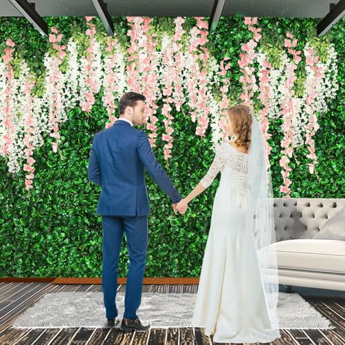 54 Pack Greenery Backdrop with Flowers Include 18 Pcs 16" x 24" Grass Wall Panels Artificial Hedge Boxwood Panels 36 Pcs 3.6 Feet Wisteria Hanging Flowers Garland for Wedding Summer(Light Pink) - color: Light Pink