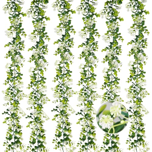 6FT Eucalyptus Garland with Flowers, 6 Pack Artificial Greenery Garland Hanging Summer Eucalyptus Garland Suitable for Table Wedding Backdrop Arch Wall Party UV Protected Indoor Outdoor Decor - size: 6 Pack