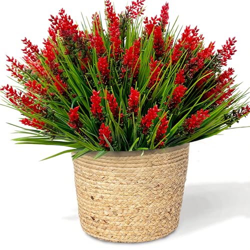 12 Bundles Artificial Plants Outdoor Fake Monkey Grass, UV Resistant Faux Plants Outdoor Red Artificial Flowers,Fake Flowers Outside Plants for Front Porch Yard Pathway Garden Summer Décor (red) - color: Red
