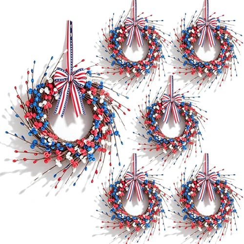 6 Pcs Patriotic Wreath Mini 4th of July Hanging Wreaths for Cabinets Artificial Red White Blue Berries Memorial Day Wreaths Pillar Candle Holder Wreath with Ribbon for Independence Day Porch Wall - color: Patriotic-15