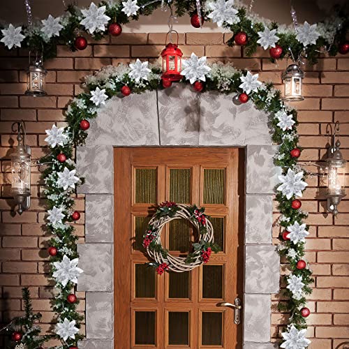 Geosar 36 Pcs Christmas Glitter Artificial Poinsettia Flowers Xmas Poinsettia Artificial Wedding Flowers Decorations Xmas Tree Ornaments with Clips for Party, 6 Inch, 4 Inch, 3 Inch(Silver) - color: Silver