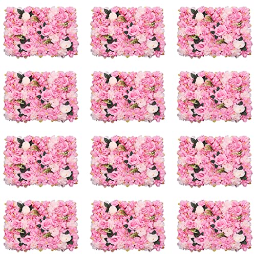 DNYSYSJ Flower Wall 12PCS 23.62" x 15.75" x 0.79" Flower Backdrop Lifelike Dark Pink Rose Peony Flower Panel Deep Pink Silk Fabric Floral Wall Mat Deep for Garden Patio Wedding Indoor Outdoor Decor - color: Dark Pink, size: 12 pieces