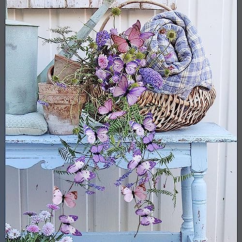Artificial Butterfly Garland, Fake Butterfly Decorative Vines, DIY 3D Unique Butterfly Hanging Decor for Home Wall Easter Spring Flowers Party Wedding Arch Shopping (Light Purple) - color: Light Purple
