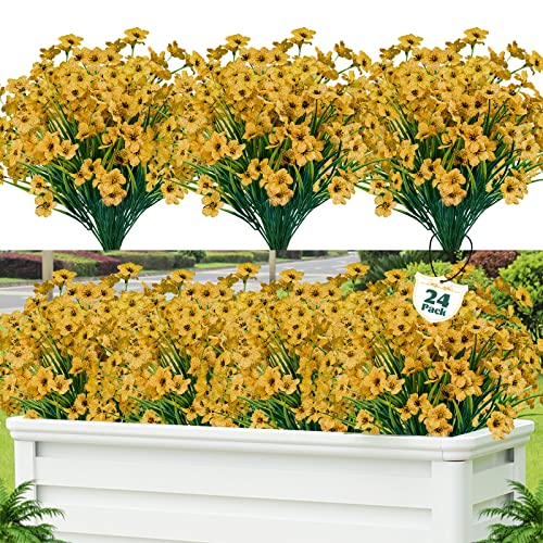 Lnoicy 24 Pcs Artificial Flowers for Outdoor,Plastic Flowers Decoration, UV Resistant Faux Flowers Shrubs, Artificial Plants for Indoor Outside Garden Home Wedding Farmhouse(Yellow) - color: Yellow, size: 24