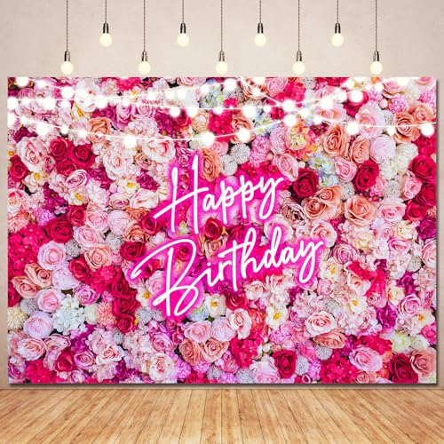 Pink Flower Happy Birthday Backdrop Banner Decorations for Women,Pink Neon Birthday Sign Backdrops Banner Red Rose Flowers Photography Background Girls Bday Party Decor Photo Booth Prop 10x7ft - size: 10ft(W) x 7ft(H)