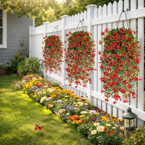 Artificial Hanging Flowers for Outdoors UV Resistant Fake Flowers Realistic Silk Faux Spring Hanging Flower for Patio Porch Garden Yard Fence Wall Decor(Red, 6 Pack) - color: 6pcs Red