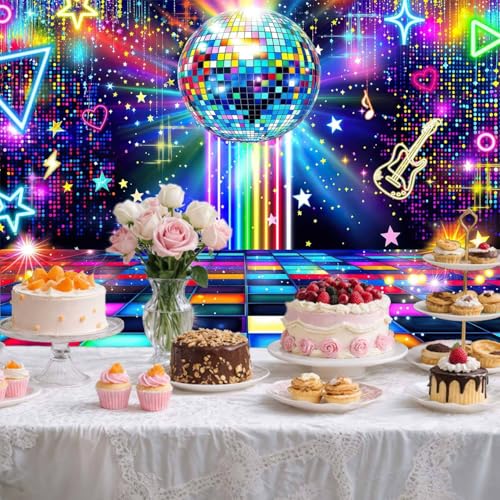 5X3ft Disco Backdrop 70s 80s 90s Disco Ball Stage Retro Neon Photography Background Wedding Birthday Party Decoration Prom Portrait Photo Props Wall Decor Banner - color: Multi3, size: 5X3FT