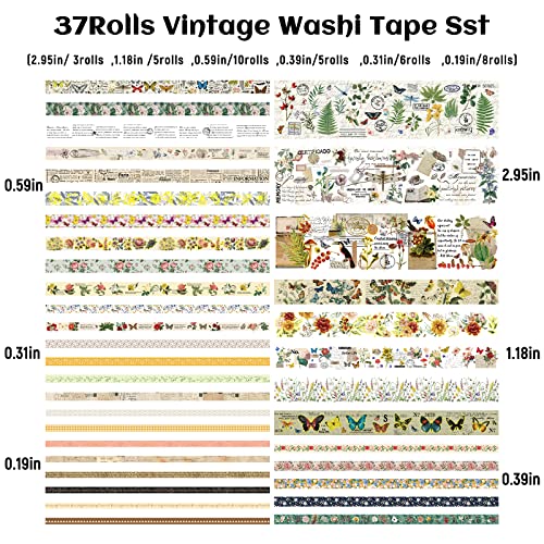 37 Rolls Vintage Washi Tape Set - Decorative Tape Floral Butterfly Mushroom Botanical,Adhesive Tape for Journaling Supplies,Scrapbooking,Junk Journal Supplies5/8/10/15/30/75mm Wide9.84ft Long/Roll