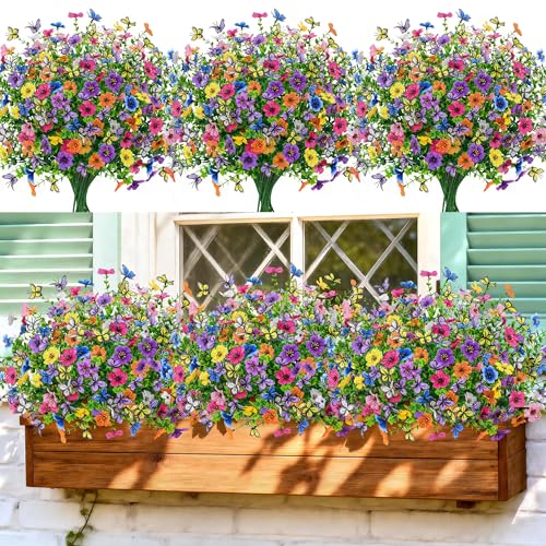 Der Rose 12Pcs Artificial Flowers for Outdoors, 8Pcs Silk Fake Flowers with 4Pcs Lifelike Butterfly Flowers, UV Resistant Faux Flowers for Outdoor Planters Window Boxes Patio Porch Garden Decoration - color: Multi-color C