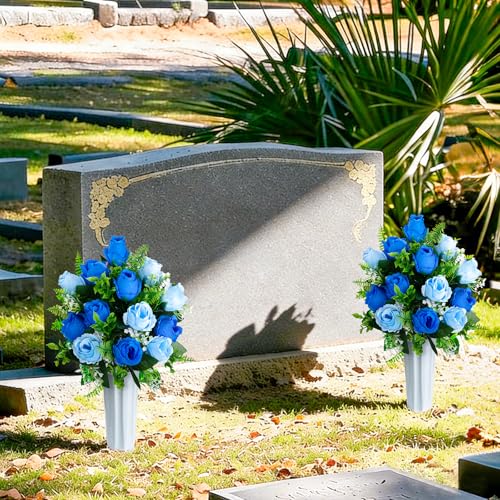 XONOR Artificial Cemetery Flowers for Grave Decorations, Artificial Memorial Roses Flowers Bouquet with Vase for Cemetery Headstones Decoration, 2 Sets (Dark Blue&Light Blue) - color: Dark Blue&light Blue