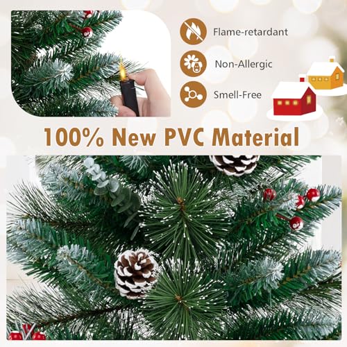 GOFLAME 3FT Prelit Artificial Entrance Christmas Tree, Indoor Outdoor Potted Xmas Tree with 20 LED Lights, Flocked Pine Needles, Eucalyptus Leaves, Red Berries, Pine Cones, 8 Light Modes, Timer - color: Green
