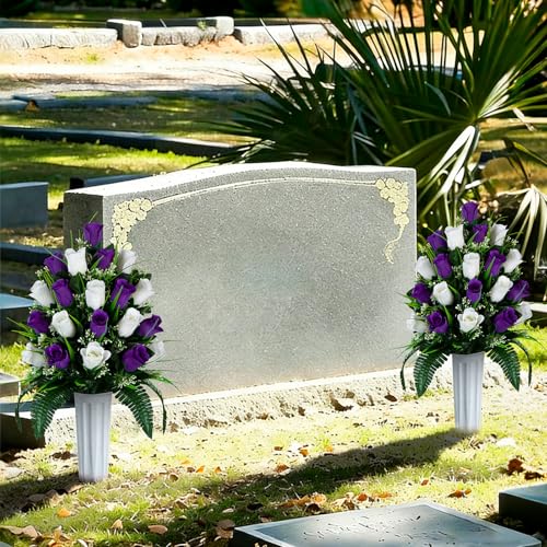 XONOR 2 Sets Artificial Cemetery Flowers, Grave Decorations Roses, Memorial Flowers Bouquet with Vase for Grave Cemetery Decoration (Dark Purple&White) - color: Dark Purple&white