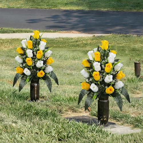 XONOR 2 Sets Artificial Cemetery Flowers, Grave Decorations Roses, Memorial Flowers Bouquet with Vase for Grave Cemetery Decoration (Yellow&White) - color: Yellow&white