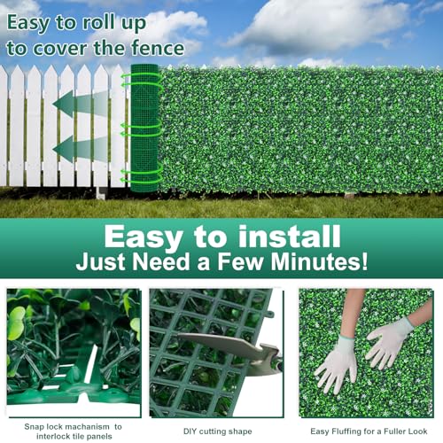 Yangrass Boxwood Roll Panels with White Flower, 48"x120" (40 sqft) Artificial Ivy Privacy Fence Screen, UV-Anti Faux Boxwood Roll Grass Wall Panels for Garden Patio Balcony Decor - size: 48x120inches