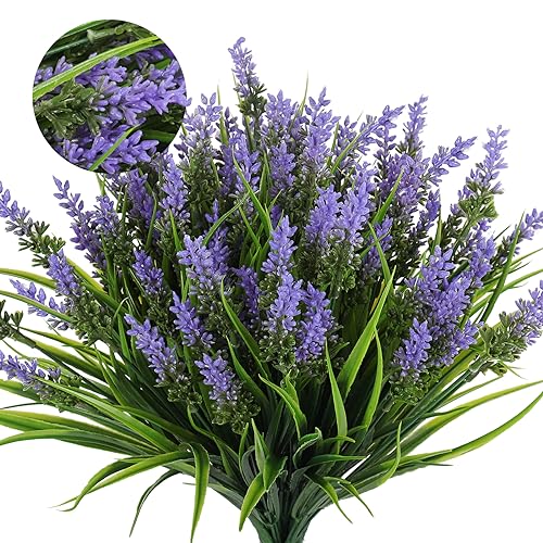 RECUTMS 12Pcs Artificial Outdoor Flowers UV Resistant Fake Outdoor Plants, Fake Monkey Grass with Flowers,Faux Greenery for Indoor Outside Hanging Plants Garden Porch Wedding Farmhouse Décor(Purple) - color: Purple