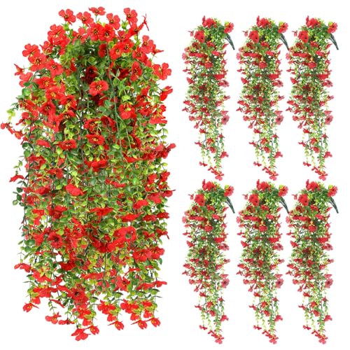 6 Pcs Spring Artificial Hanging Flowers Outdoor Faux Silk Mum Plant Decor Violet with Eucalyptus Realistic UV Resistant Trailing Vine Spring Porch Yard(Red,Violet) - color: Red, style: Violet