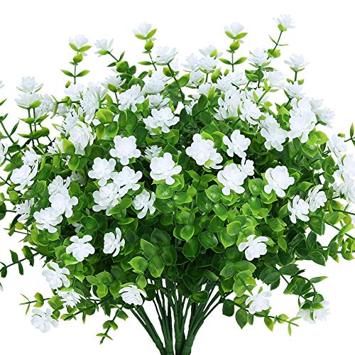 8 Bundles Outdoor Artificial Fake Flowers UV Resistant No Fade Boxwood Faux Plastic Plants for Garden Patio Porch Window Box Home Wedding Farmhouse Décor (White) - color: White