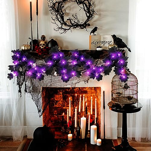 Black Leaf Garland with Purple Lights, 2 Pack Halloween Artificial Hanging Fall Leave Vines with 20 LED, Fall Floral Garlands Thanksgiving Decor for Home Wedding Party (11.8FT) - color: 2 Black With 2 Lights