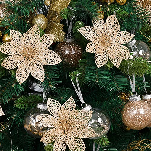 Wironlst 24 Pieces Glitter Poinsettia Flowers Christmas Tree Ornaments, Glitzy Poinsettia Bushes Christmas Decorations for Xmas/Holiday/Seasonal/Wedding (Champagne) - color: Champagne