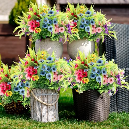 ZEOSTARO Artificial Outdoor Plants 12 Bundles Fake Boston Fern with Eucalyptus Flowers Faux UV Resistant Greenery Garden Window Box Porch Farmhouse Hanging Decor(Mix Flowers&Fern) - color: Mix Flowers&fern