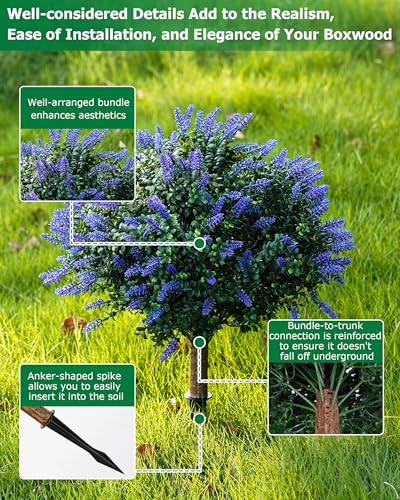 27.55'' Artificial Lavender Topiary Trees, 2 Sets Faux Boxwood Topiary with Spikes,Fake Shrubs Plants for Outdoor Planters, UV Resistant Round Topiary Bush Pot Filler for Front Porch Garden Home Decor - color: Lavender Boxwood-27.55"
