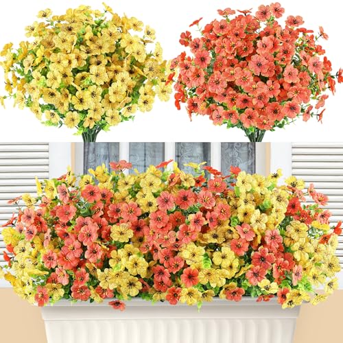 AmyHomie 16 Bundles Artificial Flowers for Outdoor Outside Summer Fall Decoration UV Resistant Faux Flowers No Fade Fake Plastic Plants Garden Porch Window Box Decorating - color: Yellow Orange, size: 16