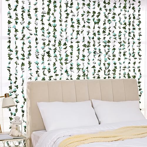 BLEUM CADE 5Pcs 41Ft Flower Garland Artificial Rose Vines for Bedroom, Cute Fake Hanging Flower Vines Floral Garland Decorations for Wedding Party Wall Room Decor Aesthetic - color: Blue & White, size: 5 Pcs