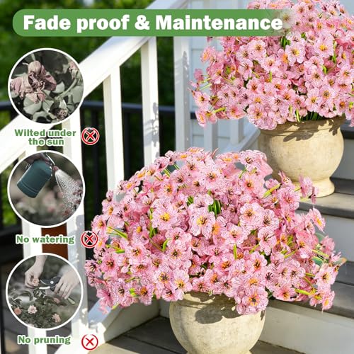 Nepfaivy Artificial Flowers Outdoor Pink - 24 Bundles UV-Resistant Fake Flowers for Outside with Realistic Plastic Plants, Real Looking No Fade Faux Silk Flowers for Planters, Porch,Garden Decoration - color: Pink