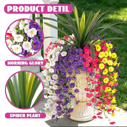 8 Bundles Fake Artificial Morning Glory Flowers for Outdoors, 1 Bundle Faux Greenery Plants UV Resistant Weatherproof for Indoor Outdoor Garden Patio Window Box Home Decor - color: White Yellow Purple Hot Pink