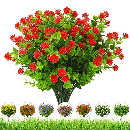 Artificial Flowers Outdoor Fake Flower - 20 Bundles Faux Plastic Outdoors Flowers Plants Greenery Shrubs for Outside Indoor Garden Porch Window Box Decoration(Red) - color: Red, size: 20 Bundles
