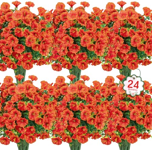 Ouddy Decor 24 Bundles Artificial Fall Flowers for Outdoors Decoration Artificial Mums Fake Silk Morning Glory Flowers Plants UV Resistant for Fall Autumn Thanksgiving Porch Garden Home Decor, Orange - color: Deep Orange