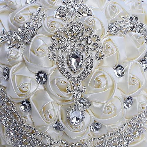 XINNI Handmade Bridal Wedding Bouquet Bride Bridesmaid Satin Rose Flower Bouquet with Drop-Shaped Rhinestone Wedding Decoration Ivory - color: Ivory