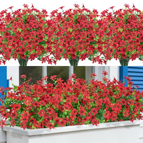 Bassion 20 Bundles Artificial Flowers for Outdoors Decorations, UV Resistant Faux Plants Fake Silk Flowers for Outside Daisy Hanging Planters Window Box Front Door Porch Patio Yard Home Decor - color: Red