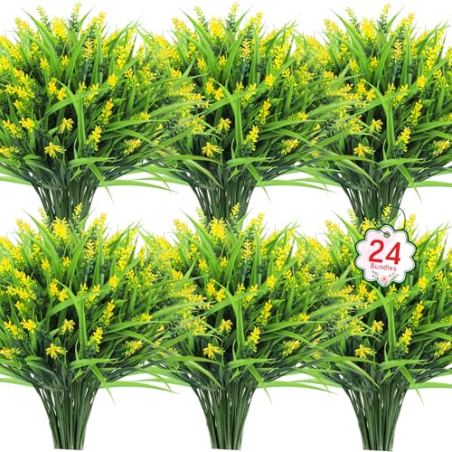 Ouddy Decor 24 Bundles Artificial Flowers for Outdoors, Fake Lavender Flowers Monkey Grass Faux Plastic Plants Shrubs UV Resistant for Porch Garden Window Box Office Home Decorations, Yellow - color: Yellow