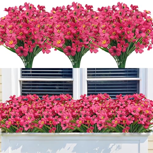 Bassion 24 Bundles Artificial Flowers for Outdoors Decoration, UV Resistant Fuchsia Silk Fake Faux Flowers Artificial Plants for Outside Window Box Porch Garden Home Decor - color: Fuchsia