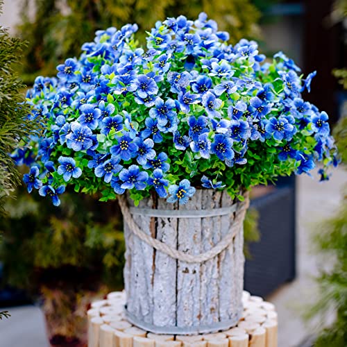 AXYLEX Artificial Flowers for Outdoors, 16 Bundles Fake Plants (Blue) | UV resistant faux plastic flowers, no fade artificial greenery – garden, patio, porch & home - color: Blue