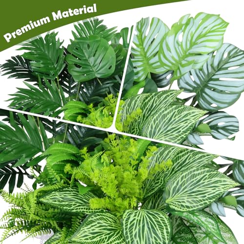 Artificial Plants Greenery Outdoor UV Resistant, 10 Bundles 24.8" Tall Faux Areca Palm, Monstera & Tropical Flowers, Large Fake Tropical Plants for Planters, Porch, Patio & Summer Decor - color: Green 2601