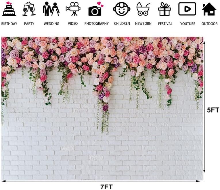 7x5ft White Brick Wall Floral Backdrop with Hanging Flowers – Spring Garden Photo Backdrop for Bridal Shower, Baby Shower, Birthday Party, Wedding Photography Decoration - size: 7x5ft