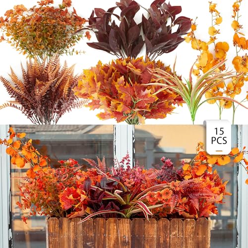 PARTY JOY 15 Bunches Artificial Fall Flowers Faux Fake Orchid Autumn Plants Flowers for Outdoors Thanksgiving Autumn Decor Decorations for Home - color: Orchid