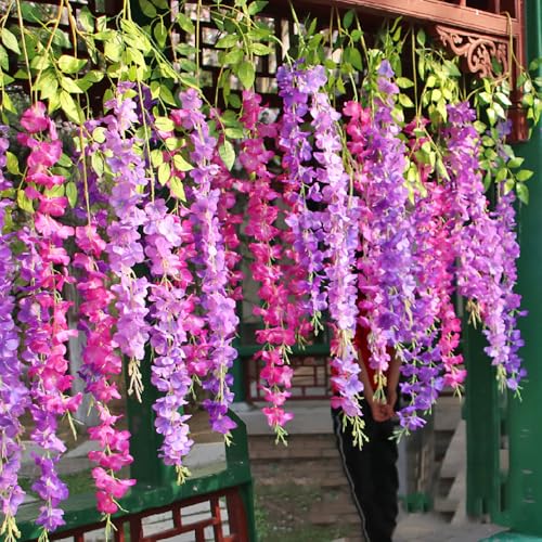 WEISPARK Fake Hanging Flowers - 12 Pieces 3.75 Feet/Piece Artificial Wisteria Vine Ratta Hanging Garland Silk Flowers for Home Party Wedding Decor (Fuchsia) - color: Fuchsia