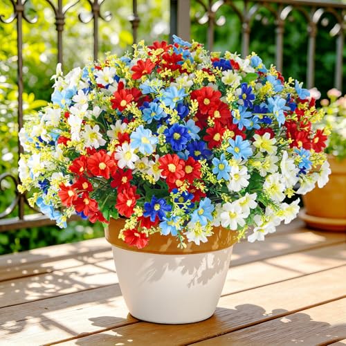 Uieke Artificial Flowers for Outdoors, 12 Bundles Daisy Mums Fake Flowers Realistic Faux Flowers Spring Summer Decoration UV Resistant for Planters Porch Patio Garden Window Box Outside Home Decor - color: Red, White, Blue, size: 12