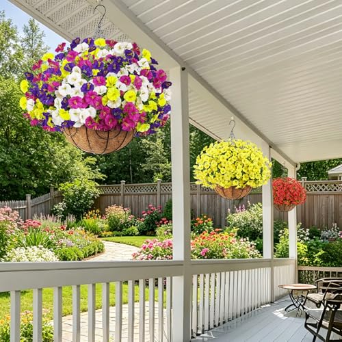 Artificial Hanging Flowers with Basket for Outdoors, UV Resistant Faux Silk Morning Glory with Eucalyptus Realistic Fake Hanging Plants for Spring Summer Outside Decor (Yellow) - color: Yellow