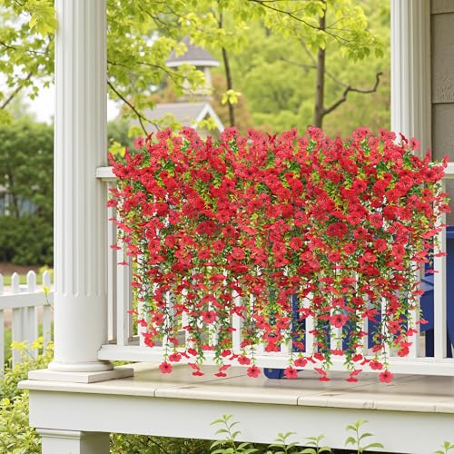 Artificial Fake Hanging Flowers Plants for Outdoor Spring Summer Decoration, 4PCS Faux UV Resistant Silk Daisy with Eucalyptus Leaves Realistic Planter for Porch Patio Home Balcony Yard Decor(Red) - color: Red