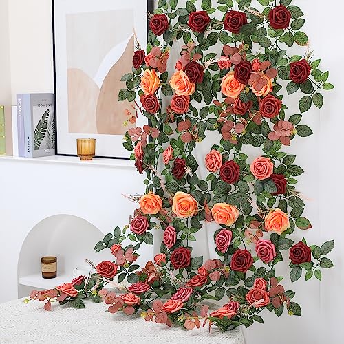 Senseya 5FT Artificial Rose Flower Garland - Terracotta Fake Floral Vine with Rose Leaves, Runner Rustic Flower Garland for Wedding Arch Backdrop, Table Runner Centerpieces, Party Home Mantel Decor - color: Sunset Terracotta