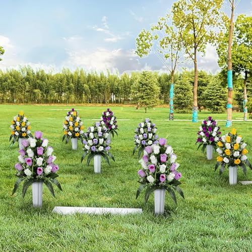 XONOR 2 Sets Artificial Cemetery Flowers, Grave Decorations Roses, Memorial Flowers Bouquet with Vase for Grave Cemetery Decoration (Pink &White) - color: Pink &White
