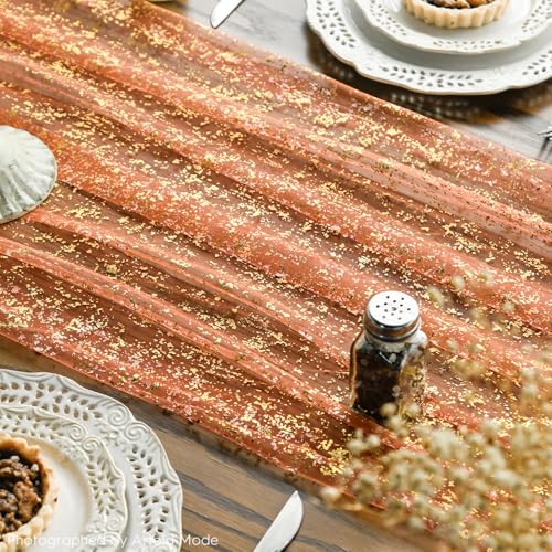 Artoid Mode Orange Gold Gauze Table Runner 120 Inch 10FT, Glitter Metallic Foil Sheer Dining Wedding Anniversary Holiday Table Decor for Home Party - color: Orange, size: 28" x 120"