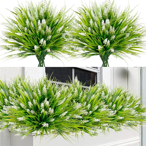 Sggvecsy 24 Bundles Artificial Plants Outdoor Faux Lavender Flowers Fake Monkey Grass UV Resistant Plastic Greenery Plants for Garden Home Porch Window Patio Hanging Planter Indoor Decor (White) - color: White, size: 24pcs